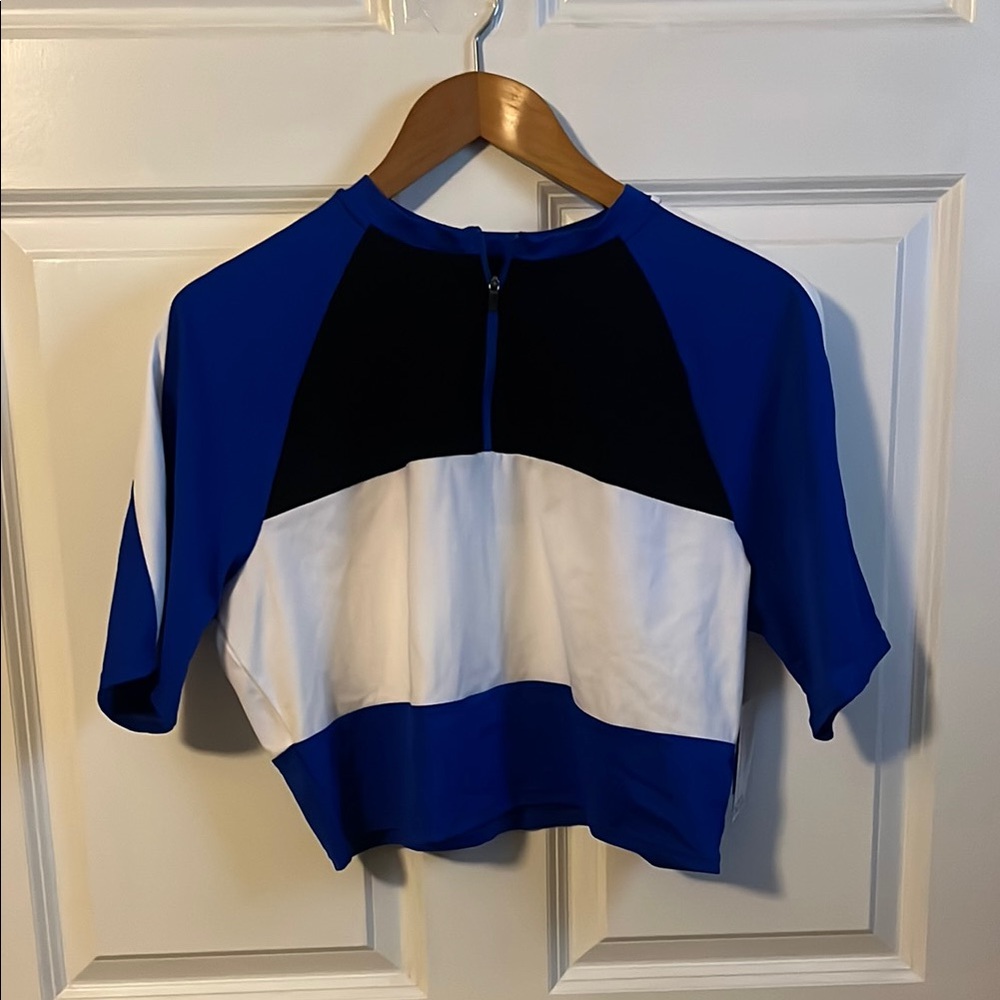 Blue, White, and Black 1/3 Zip Colorblock Crop Top